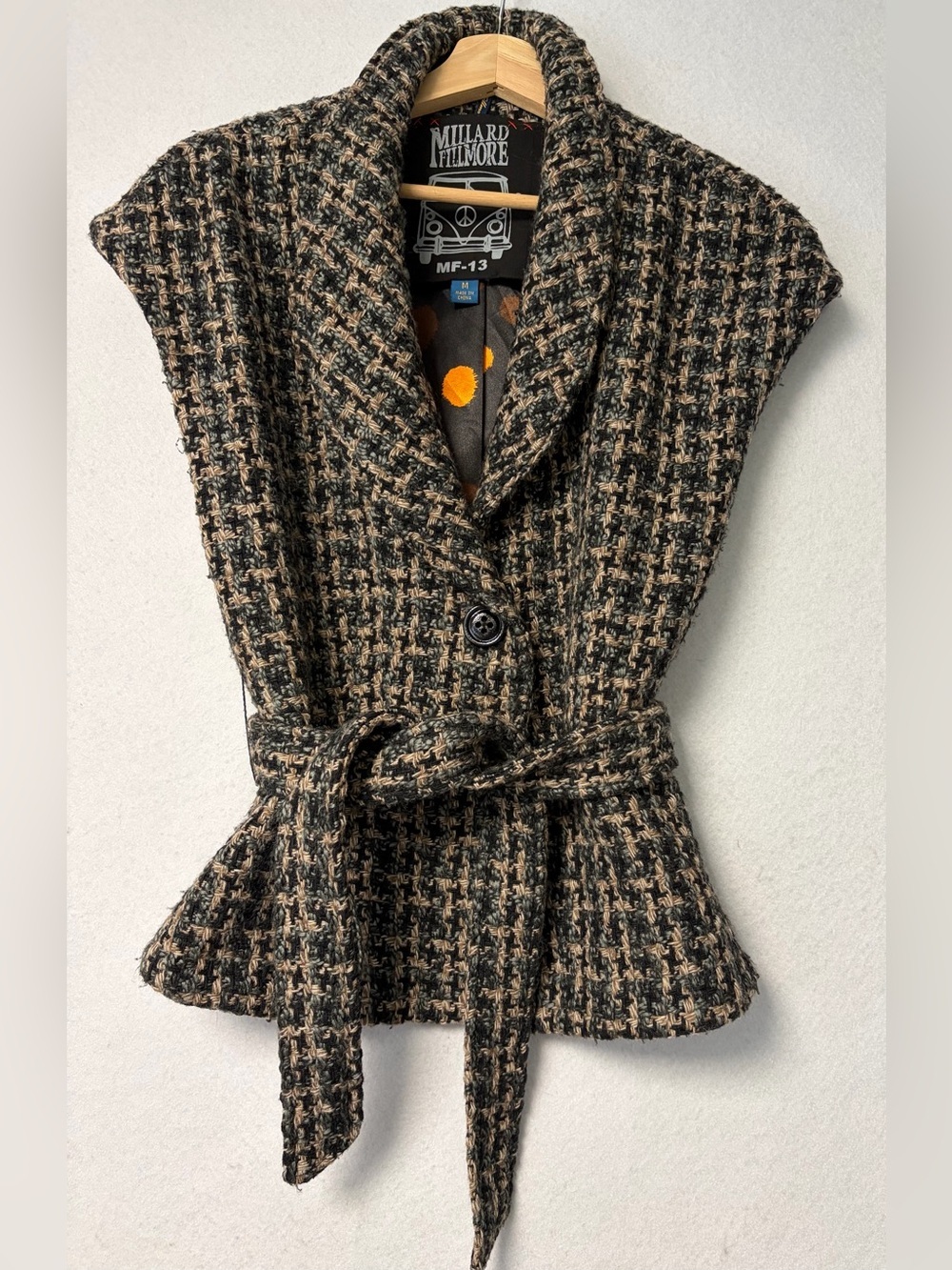 Millard Fillmore Tweed Wool Blend Sleeveless Belted Coat Vest 
Size Medium